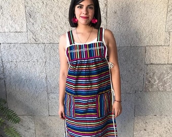 Vintage striped mexican dress women, 90s smock dress, boho hippie summer dress, multicolor serape tunic, mexico overall, fiesta sundress