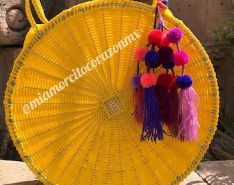 Mexican round plastic bag hand woven pom poms mexican party fiesta mexicana cinco de mayo summer bag boho hippie circular