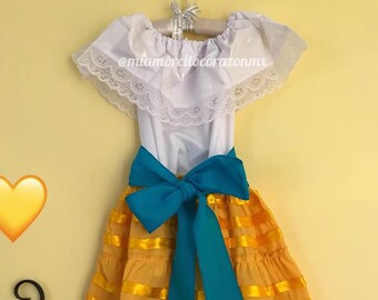 Gelbes mexikanisches Kleid für Mädchen, Mexiko-Bandkleid, schulterfreies Blusenkleid, buntes Fiesta-Kleid, Cinco de Mayo-Outfit, 5