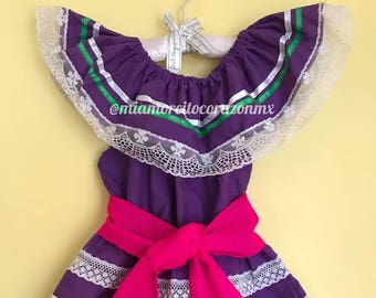 Purple ruffled fiesta dress for girls, mexican dress baby, cinco de mayo outfit, fiesta san antonio, mexicanita garnment, frida inspired