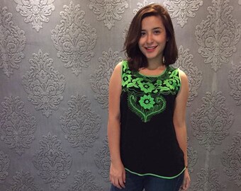 Neon green black Oaxaca mexican blouse women, short sleeve mexico blouse, floral handembroidered summer top, cinco de mayo, mexican birthday