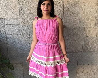 Pink pintucked dress for women, vintage mexican dress, beige crocheted ribbon, pintuck mexico dress, boho hippie summer dress, pink party