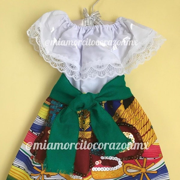 Taco tuesday sequined mexican dress, baby mexican outfit, china poblana dress girls, white off the shoulder top, charro days dress, mexico