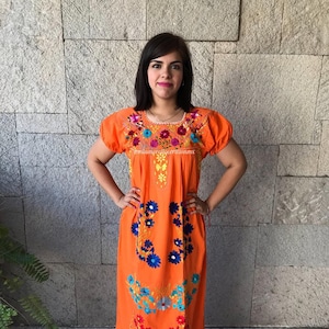 Floral Embroidery Vintage Orange Maxi Dress Colorful Mexican - Etsy