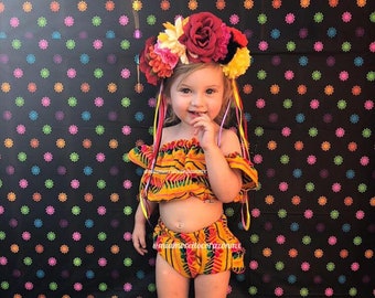 Colorful mexican baby girls bloomers outfit, serape off the shoulder crop top, cambaya ruffled diaper cover, traditional mexican party, mex