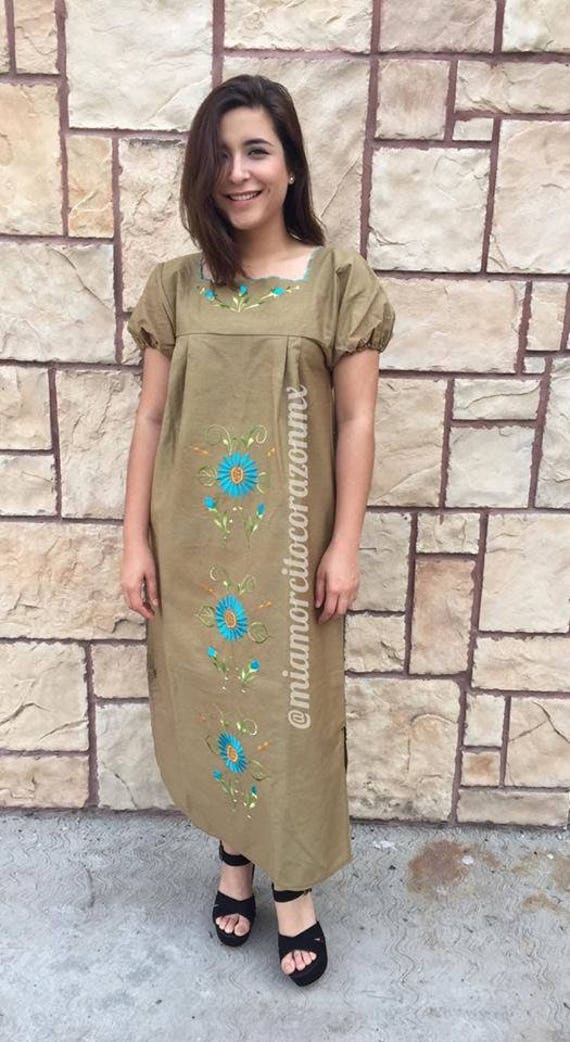 Vintage 90s green Mexican maxi dress, bubble sleeve kaftan, turquoise floral embroidery, Beach Mexican tunic, olive green ethnic maxi dress Vintage 90s green Mexican maxi dress, bubble sleeve kaftan, turquoise floral embroidery, Beach Mexican tunic, olive green ethnic maxi dress