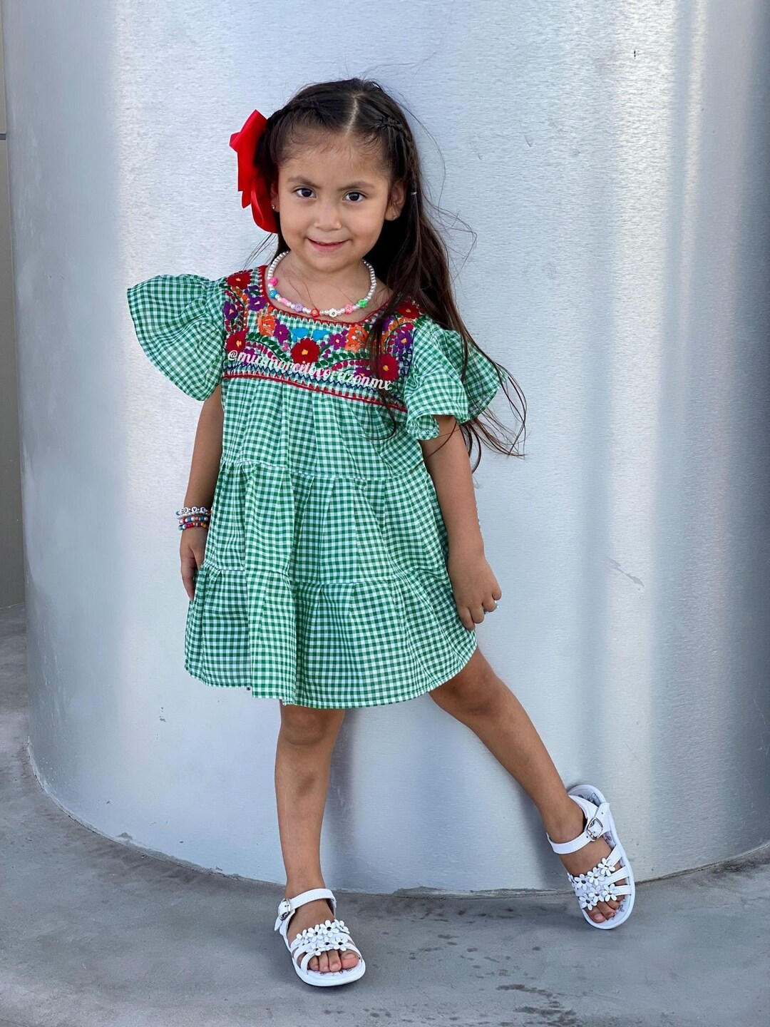 Geruite groen geruite blauwe gegolfde jurk voor meisjes