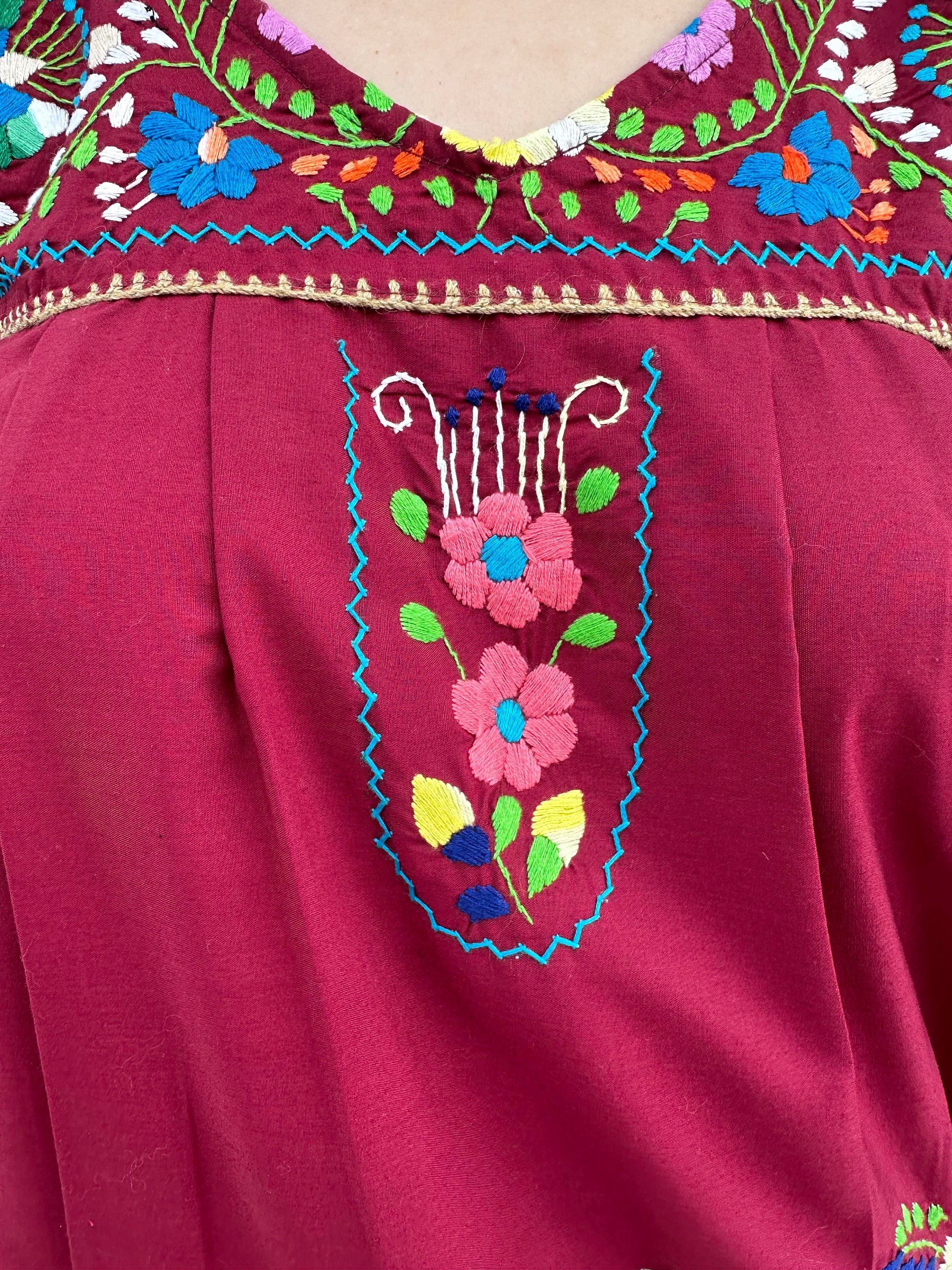 SMALL Mexico Dress Women, Burgundy Mexican Mini Dress, Summer Sundress,  Multicolor Floral Embroidery, Boho Hippie Puebla Fiesta Dress - Etsy