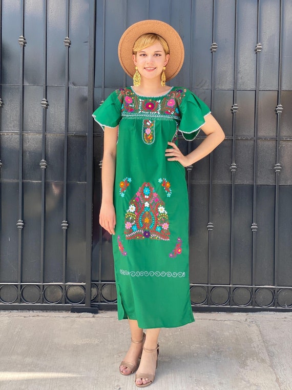 Floral Embroidery Artisanal Mexican Dress, GREEN Bohemian Kaftan  