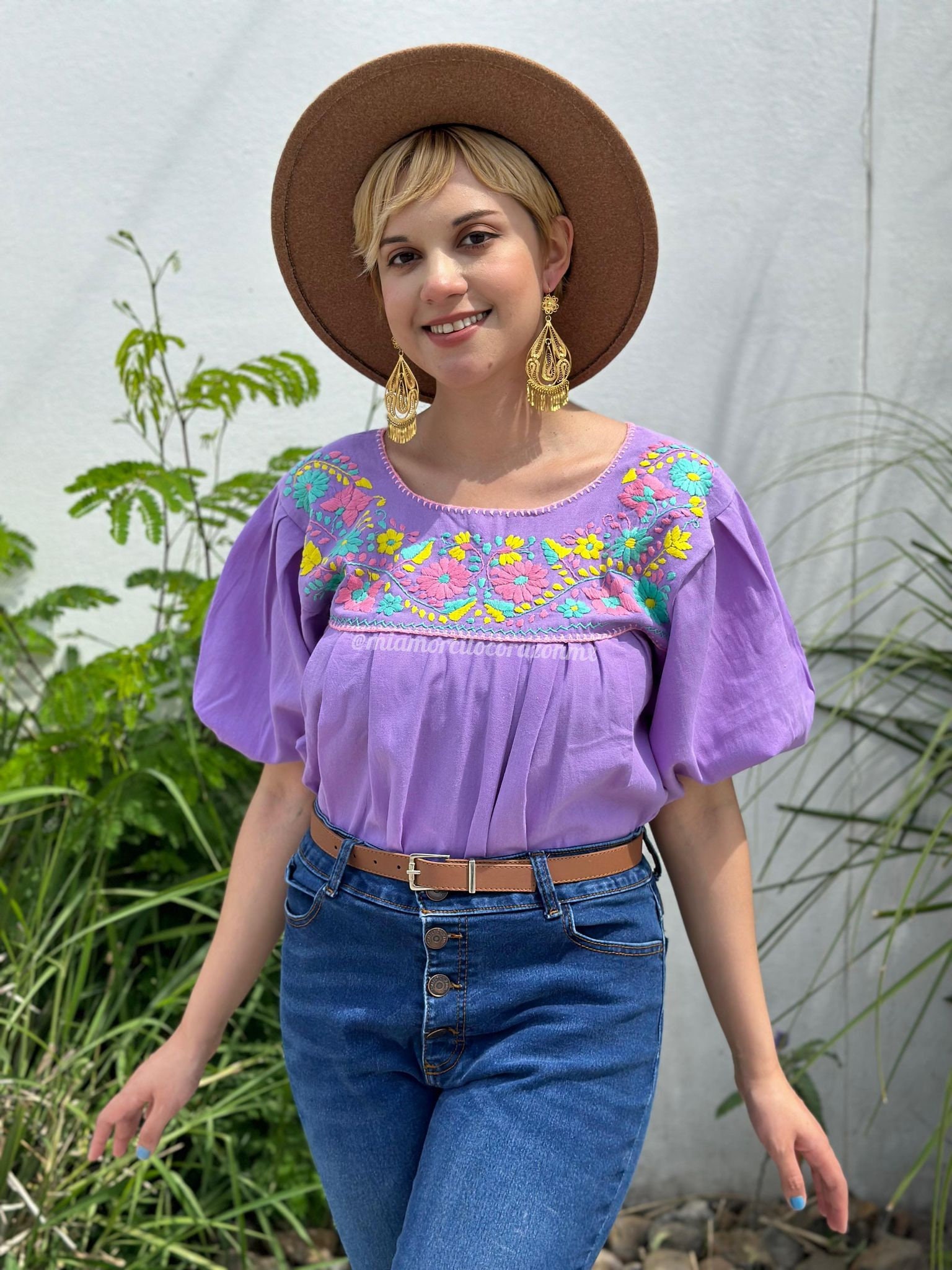 Lilac Embroidered Mexican Blouse, Multicolor Floral Embroidery