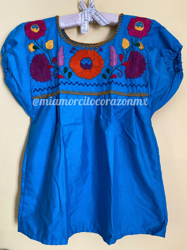 Colorful floral embroidery mexican blouse for girls, 4T-5T embroidered mexican shirts, cinco de mayo tops, frida costume, mexico blouse Turquoise