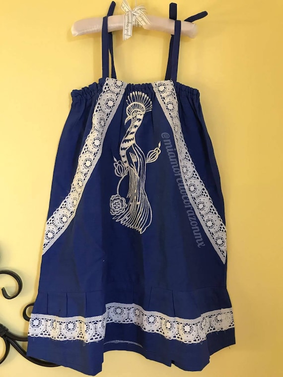 Vintage mexican dress for girls, navy blue peacock