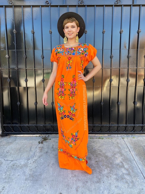 Robe mexicaine vintage orange broderie florale coloree tunique ethnique a manches bouffantes robe hispanique traditionnelle robe authentique du Mexique Etsy France