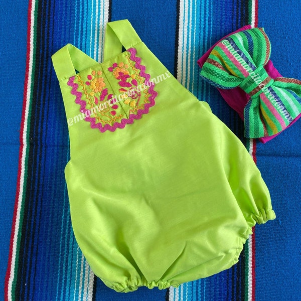 Lime green first fiesta outfit, floral embroidery sunsuit, baby mexican outfit, mexican romper, southwestern style, fiesta dress, coco