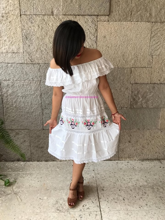 Off shoulder midi mexican dress, embroidered lace… - image 1