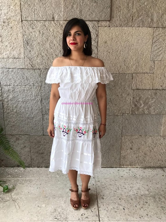 Off shoulder midi mexican dress, embroidered lace… - image 2