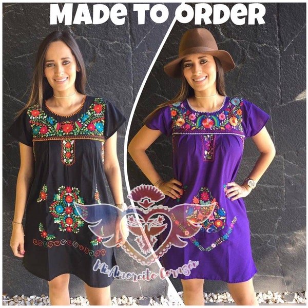 MADE TO ORDER - Mexico dress women, multicolor floral embroidery, mexican summer dress, puebla mexico dress, Texas game day dress