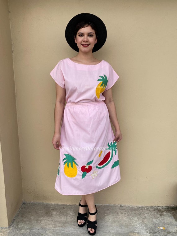 Baby pink vintage mexican dress women, colorful fruits applique, nutritionist gift, tropical destination wear, sayulita trip, mexican skirt Baby pink vintage mexican dress women, colorful fruits applique, nutritionist gift, tropical destination wear, sayulita trip, mexican skirt