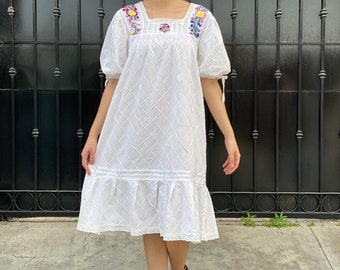 70s Vintage Mexican Pin Tucked Dress, off White Cotton