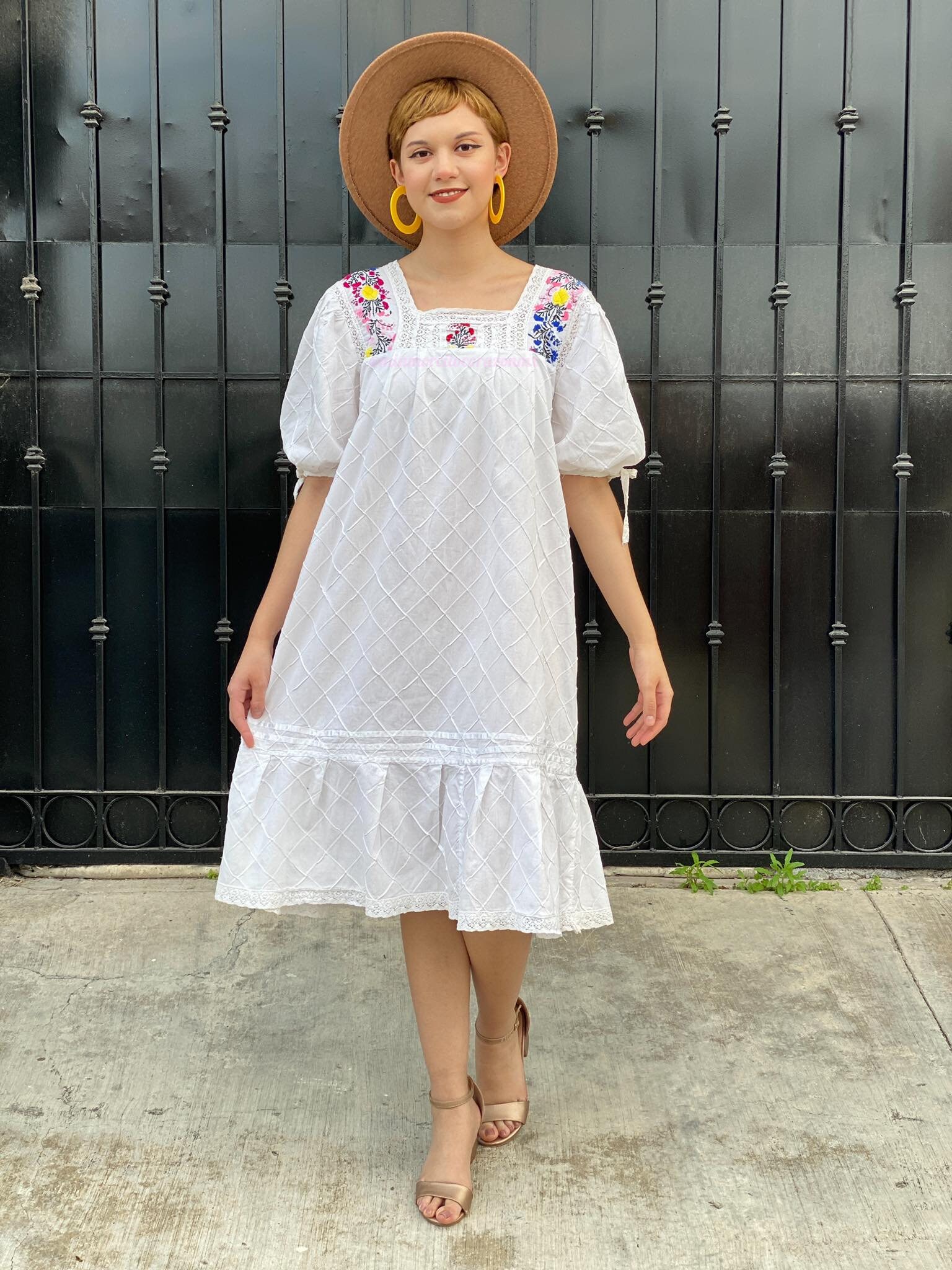 AI　70s Pale Pink Mexican Dress 70s MEXICANA SLOAN STREET PASTEL PINK PINTUCKED COTTON AND