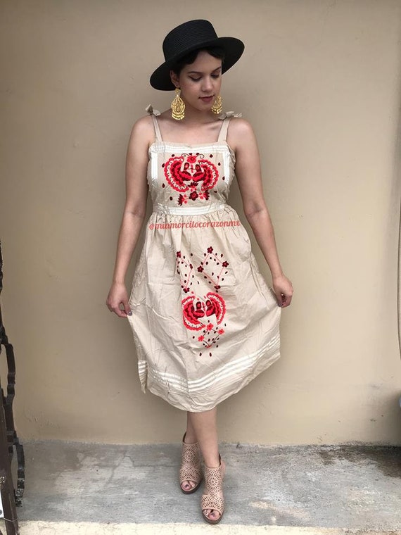 Vintage beige otomi mexican dress, red floral and 