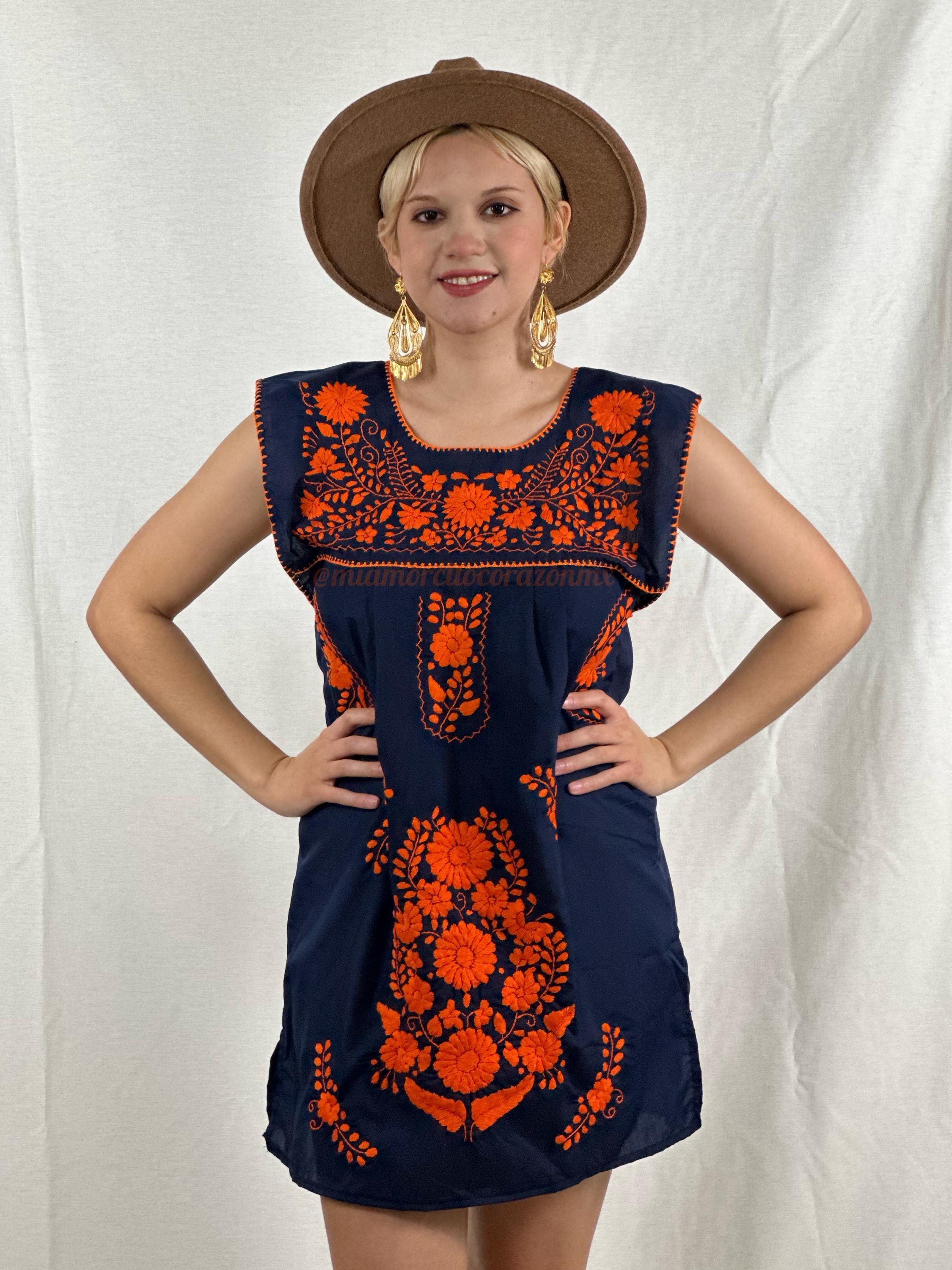Navy Blue Sleeveless Dress With Orange Embroidery, Floral Hand Embroidery, Mexican Folk Summer Dress, Astros Game Day Outfit, Utsa Football