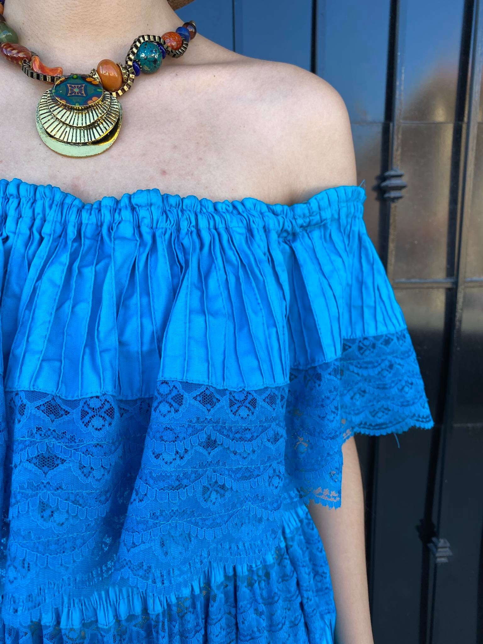 Vintage off the shoulder mexican dress, turquoise pintuck maxi dress, mexican wedding dress, pintucked fiesta gown, satx riverwalk Queen