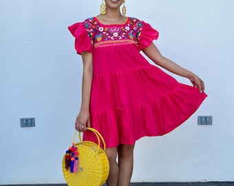 Bold Pink Mexican dress women, ruffled dress, embroidered baby doll, cottagecore fashion, spin around tunic, boho hippie festival wear