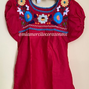 Colorful floral embroidery mexican blouse for girls, 4T-5T embroidered mexican shirts, cinco de mayo tops, frida costume, mexico blouse Vermelho