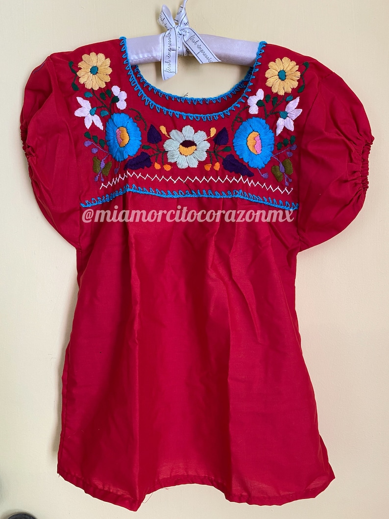 Colorful floral embroidery mexican blouse for girls, 4T-5T embroidered mexican shirts, cinco de mayo tops, frida costume, mexico blouse Vermelho