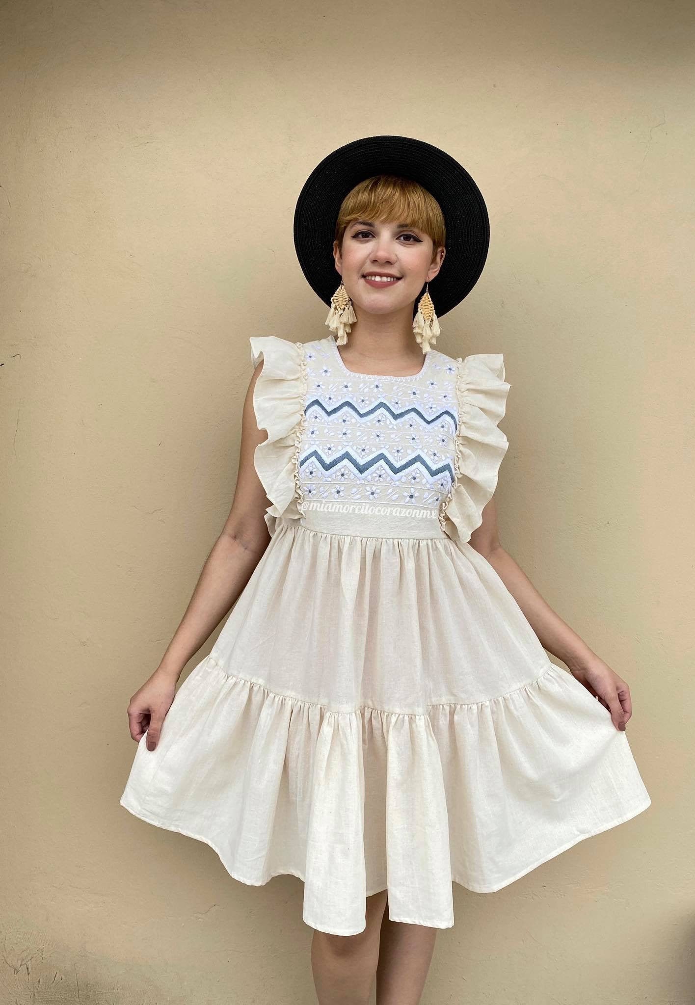 Miamorcitocorazon Boho Style Ruffle Sleeve Midi Dress, Beige Mexican Dress Women, Small Ruffled Summer Dress, Hand Embroidered Tiered Dress, Oaxacan Dress