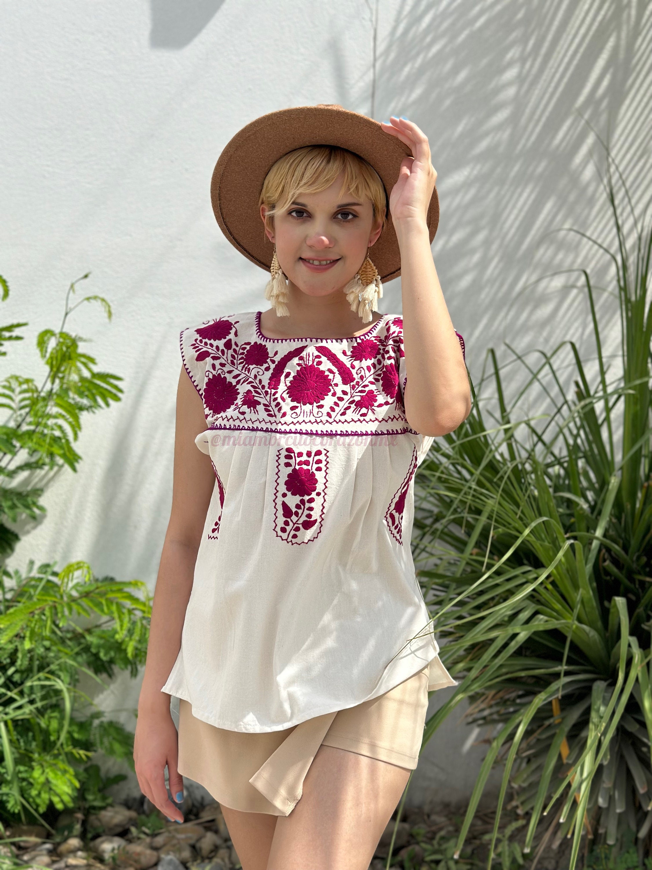 Summer Hand Embroidered Mexican Womens Blouse, Burgundy Floral