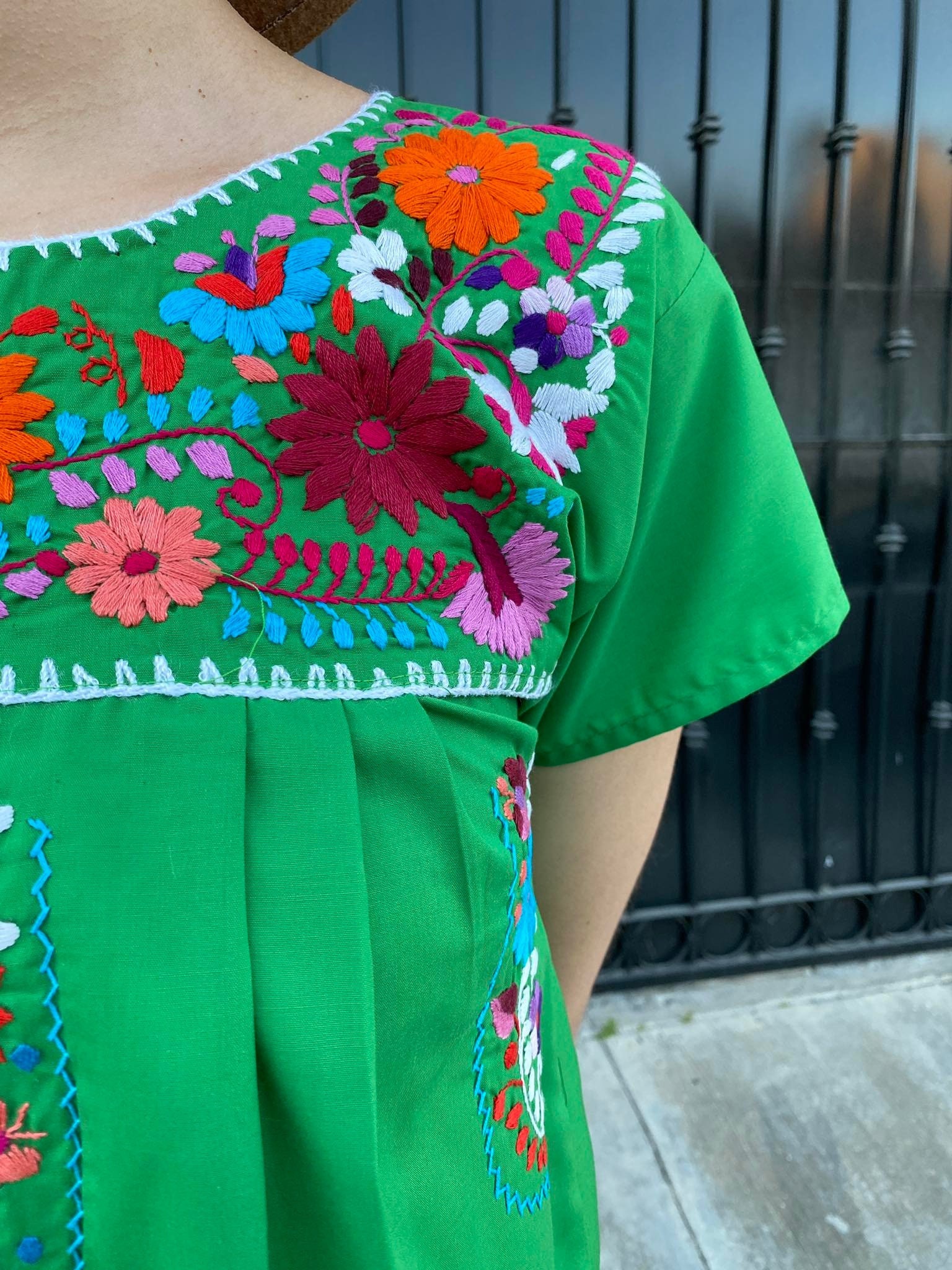 Floral Embroidery Mexican Mini Dress, Green Dress, Women Sundress, Bridesmaids, Wedding Destination, Traditional Mexican Tunic, Folk