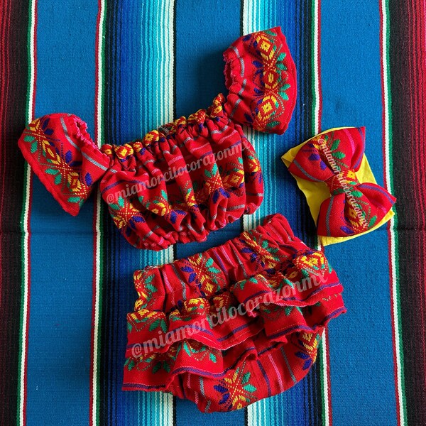Viva mexico baby mexican outfit, red serape baby bloomers, off the shoulder ethnic crop top, cinco de mayo, first fiesta outfit, fiesta