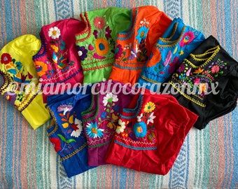 Colorful floral embroidery mexican blouse for girls, 4T-5T embroidered mexican shirts, cinco de mayo tops, frida costume, mexico blouse