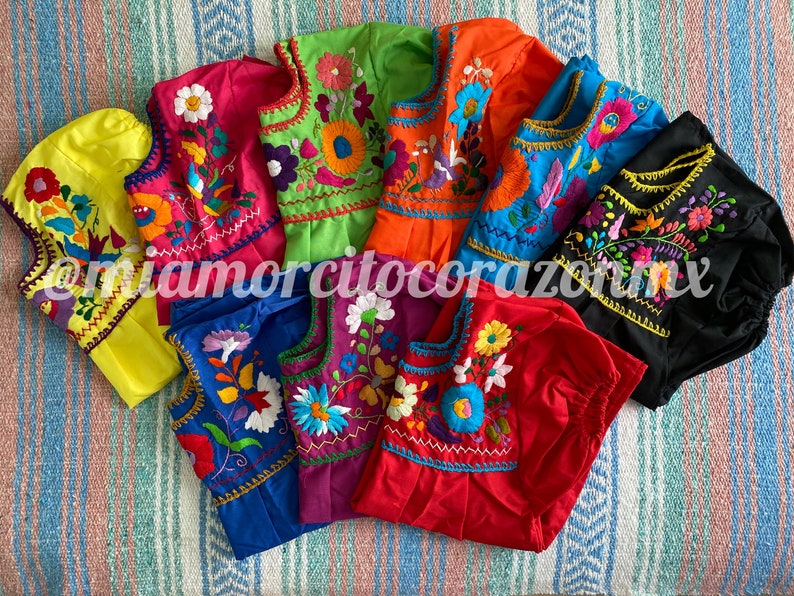 Colorful floral embroidery mexican blouse for girls, 4T-5T embroidered mexican shirts, cinco de mayo tops, frida costume, mexico blouse imagem 1