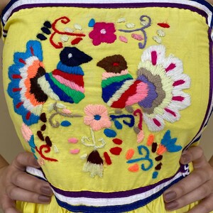 May include: Yellow sleeveless dress with colorful embroidered birds and flowers. The dress has a purple, white, and blue trim around the neckline and hem.