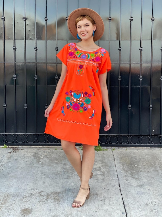 Orange Hand Embroidered Mexican Dress for Women Fiesta - Etsy