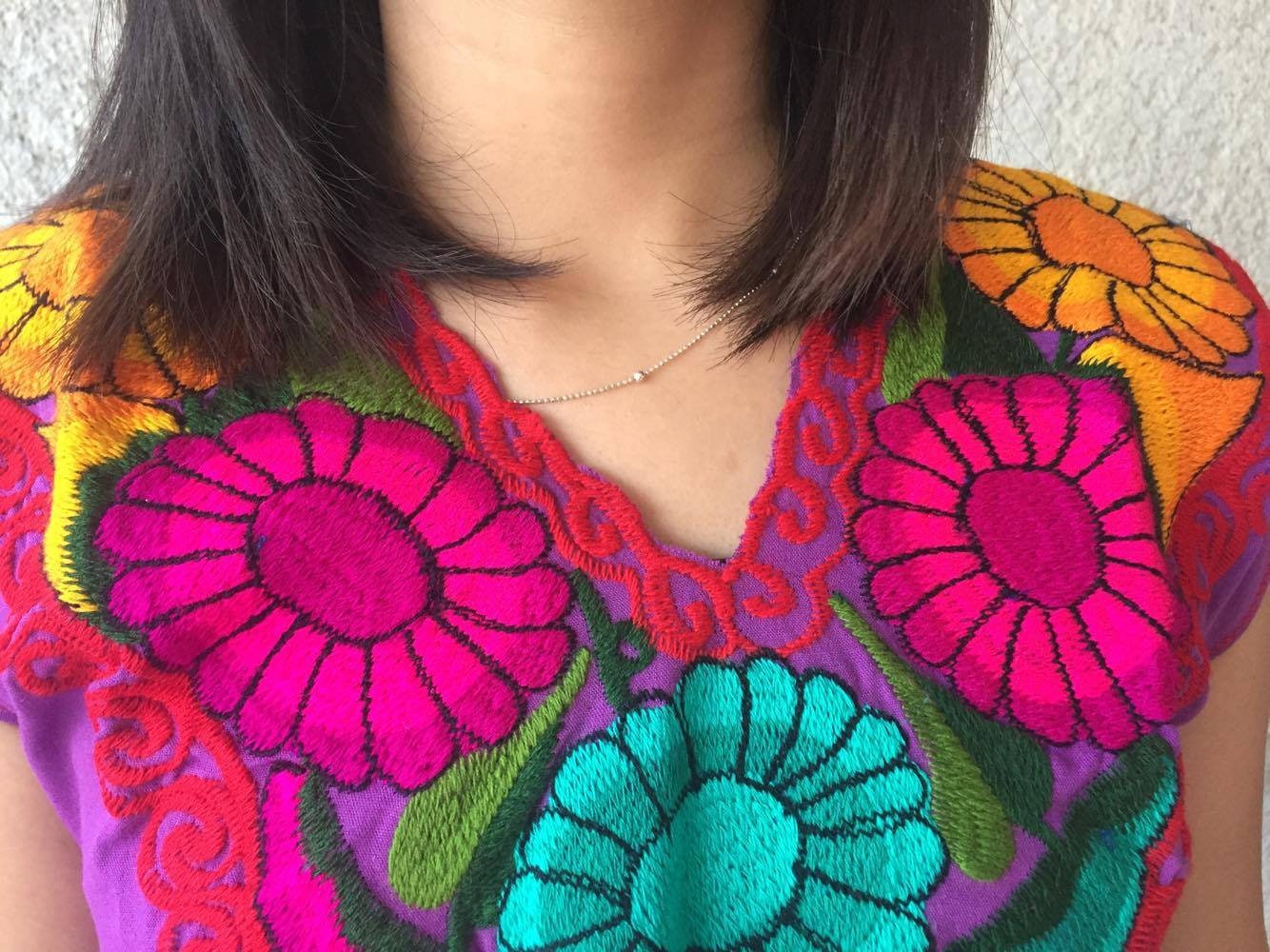 Floral Embroidery Short Sleeve Summer Top, Purple Chiapas Mexican