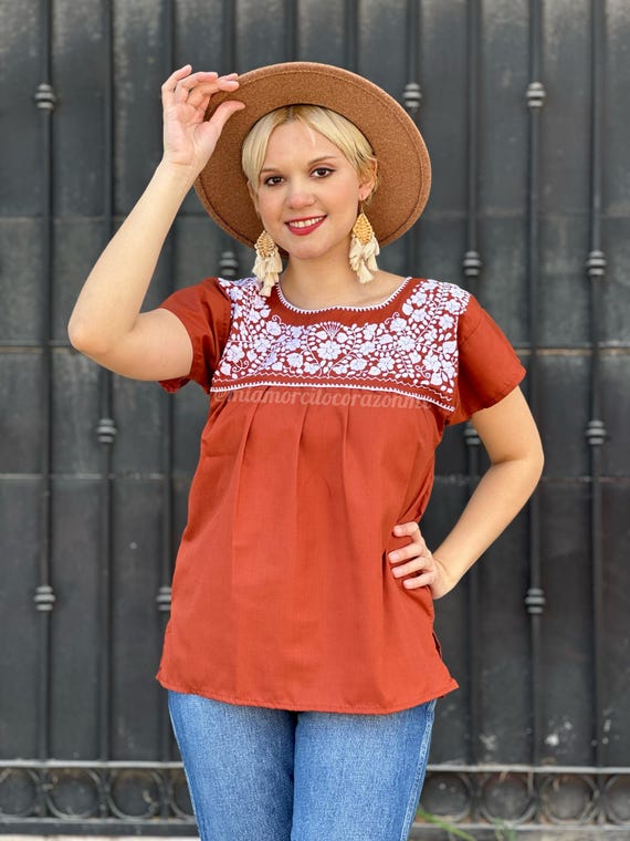Burnt Orange Floral Embroidered Mexican Blouse, Burnt Orange and