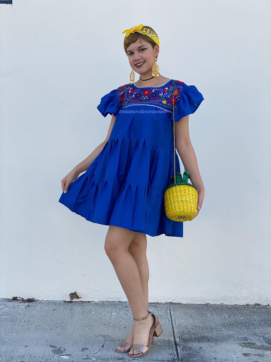 Boho Ruffle Layered Dress, Electric Blue Mexican Dress Women