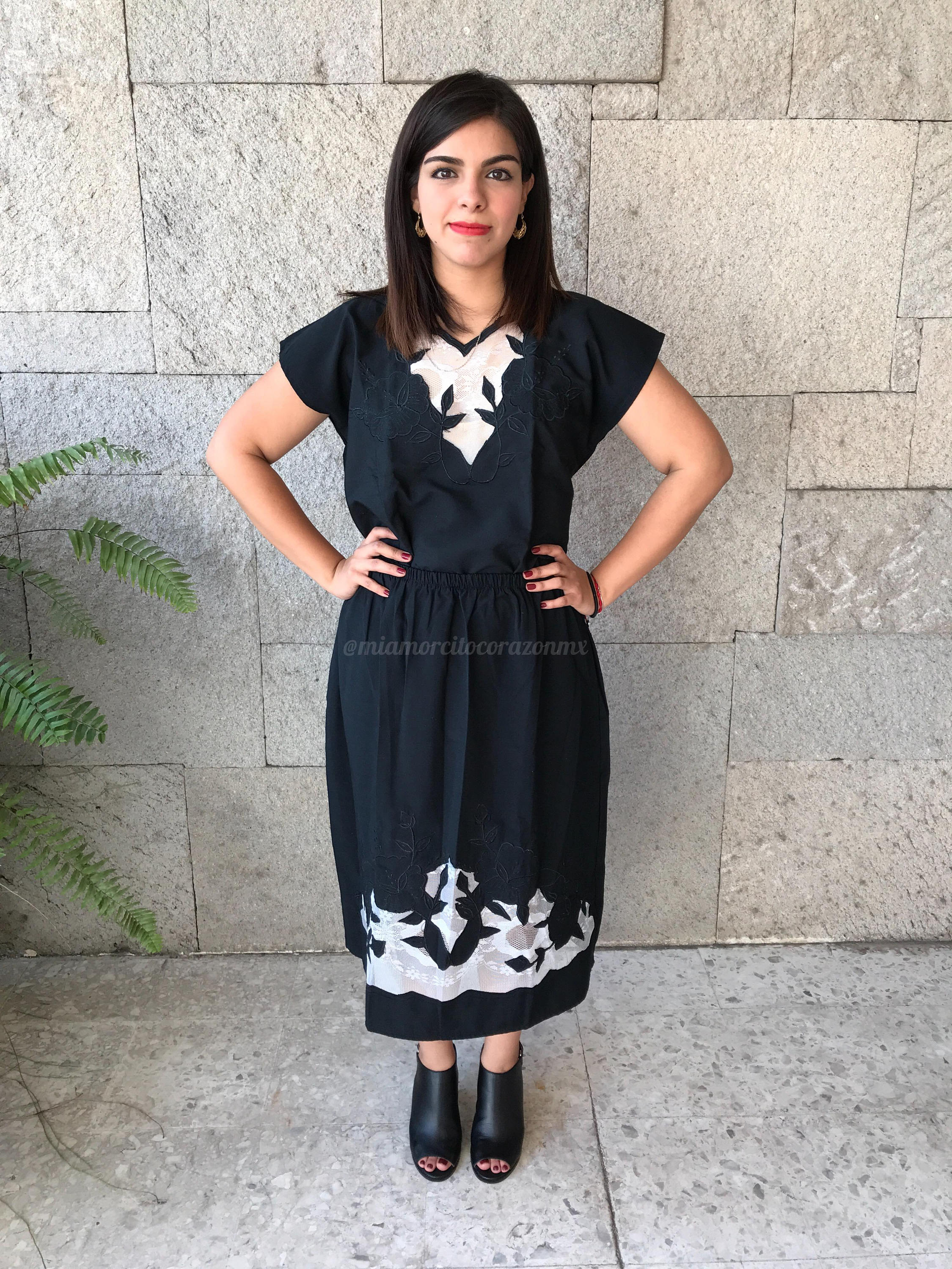 70s Vintage Black and White Mexican Dress Set, Embroidered Blouse