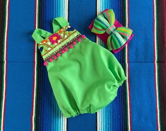 Floral embroidered romper pom poms mexican party neon green, baby girls mexican romper, first birthday outfit, fiesta outfit, uno cake, 3-6m