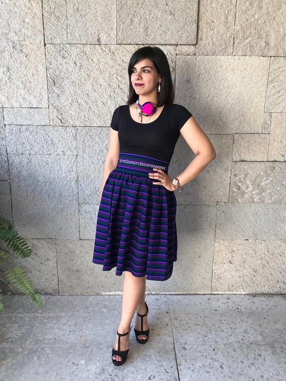 Boho hippie ethnic midi mexican skirt, handwoven serape mexico skirt, bohemian wedding guest outfit, striped purple skirt, high rise skirt
