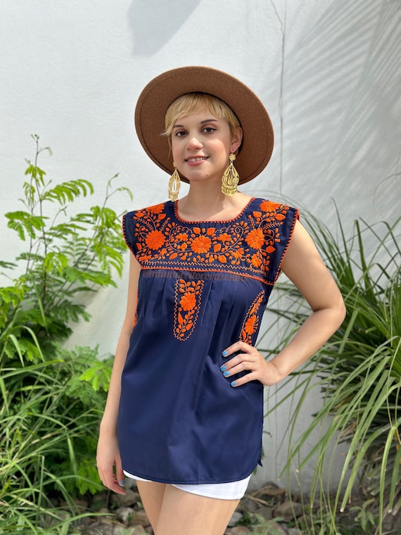 Navy Blue Embroidered Blouse, Orange Floral Embroidery, Fiesta San