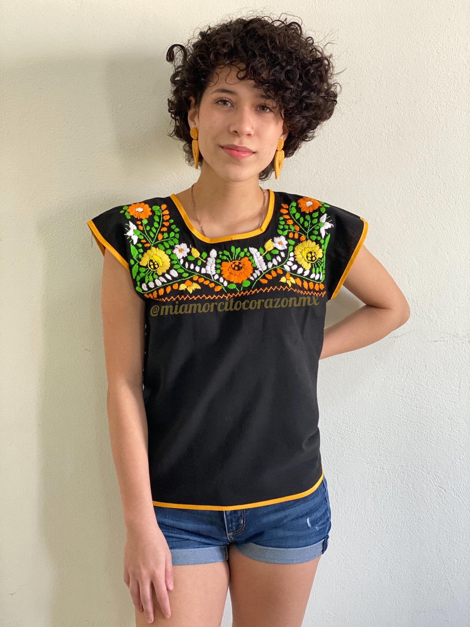 Vibrant Floral Embroidered Black Mexican Top Ethnic Boho pic