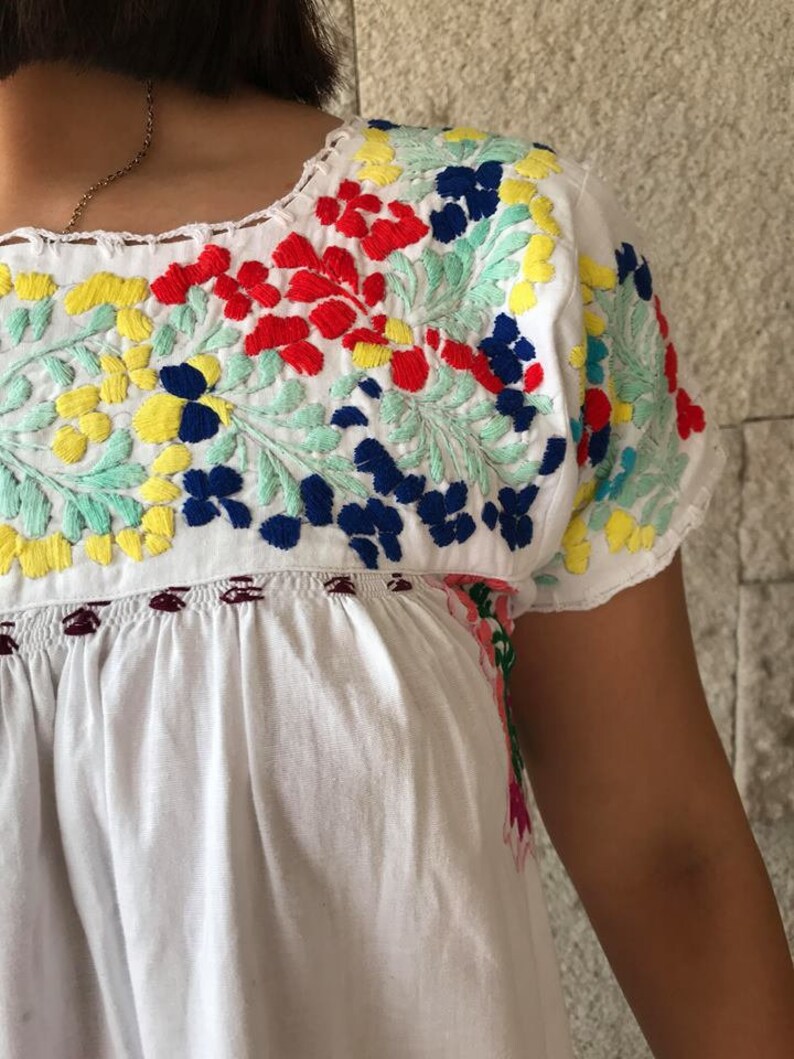 frida sundress mexican boho hippie kaftan ethnic maxi dress Colorful floral embroidery oaxacan vintage dress cotton short sleeve tunic