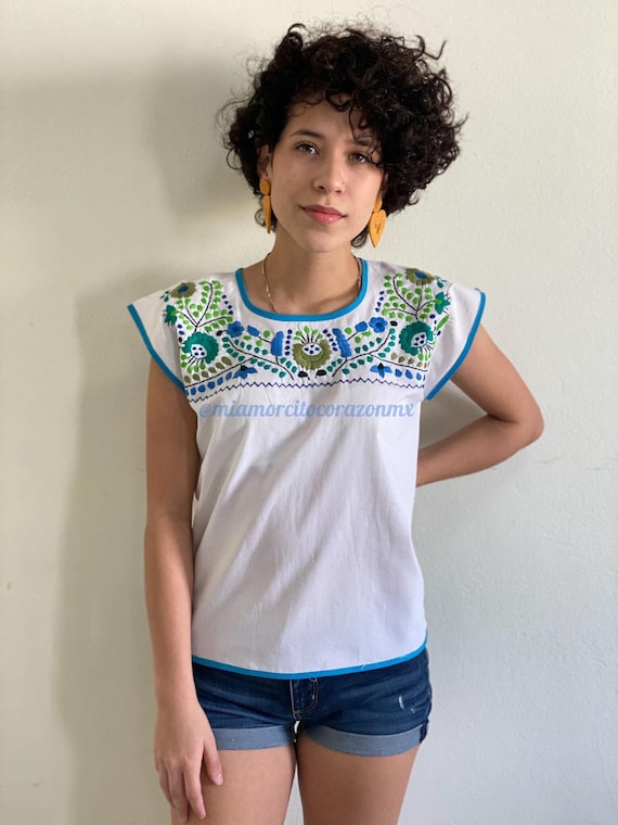Off White Floral Embroidery Mexican Blouse for Women, Blue and