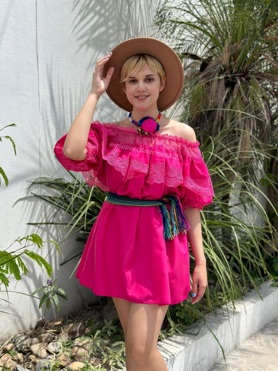Vtg hot pink Mexican blouse dress, off the shoulde