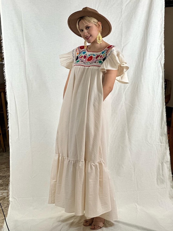 Traditional Mexican Maxi Dress with Ruffled Sleeve, Beige Fiesta Kaftan, Colorful Floral Embroidery, Boho Wedding Gown, Wine Country Casual